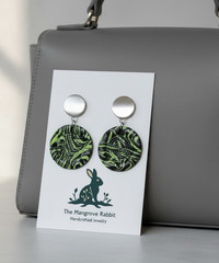 Green & Black Marbled Print Mandala Handmade Large Polymer Clay Dangle Earrings
