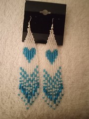 Handmade Seed Beaded Ceylon White and Lined Turquoise Heart