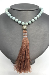 Long Hand Knotted Aquamarine Beaded Necklace with Tassel