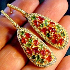 NATURAL! PADPARADSHA SAPPHIRE,EMERALD,GARNET EARRINGS 925 STERLING SILVER