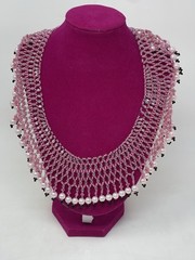 Handcrafted Beaded Bib Necklace with Pearls, Pink Button Closure