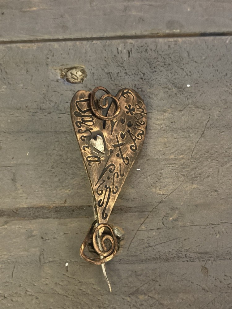 Handcrafted Copper Heart Brooch Pin with Engraved Design – Love Theme