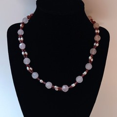 Handmade Rose Quartz Garnet & Fresh Water Pearls 17 Inches Magnetic Clasp