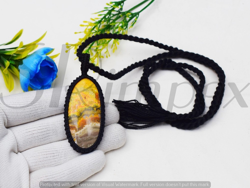 Bumble Bee Thread Necklace Macrame Pendant Bumble Bee Jasper Gemstone Necklace