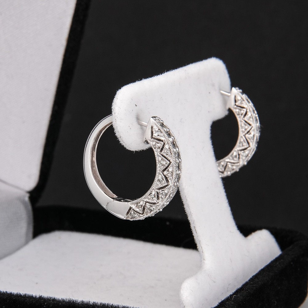 Superior S & J Diamond SJM 14K White Gold & Real Diamond Huggie Hoop Earrings