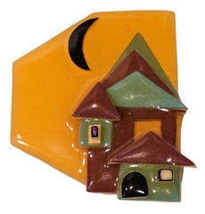 Vintage Artisan Made House Pins By Lucinda Mixed Materials House & Moon Brooch