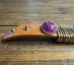 Valerie Brown Leather Bracelet Purple Plastic Stone Snap Closure 7-7.5″ Italy