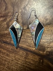 Abalone, Onyx and Turquoise Chip Mosaic Pierced Dangle Earrings, 2.75”, Mexico