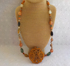 Carved Pendant Polished Gemstones Necklace Detailed Ornate Heavy Mixed Stones