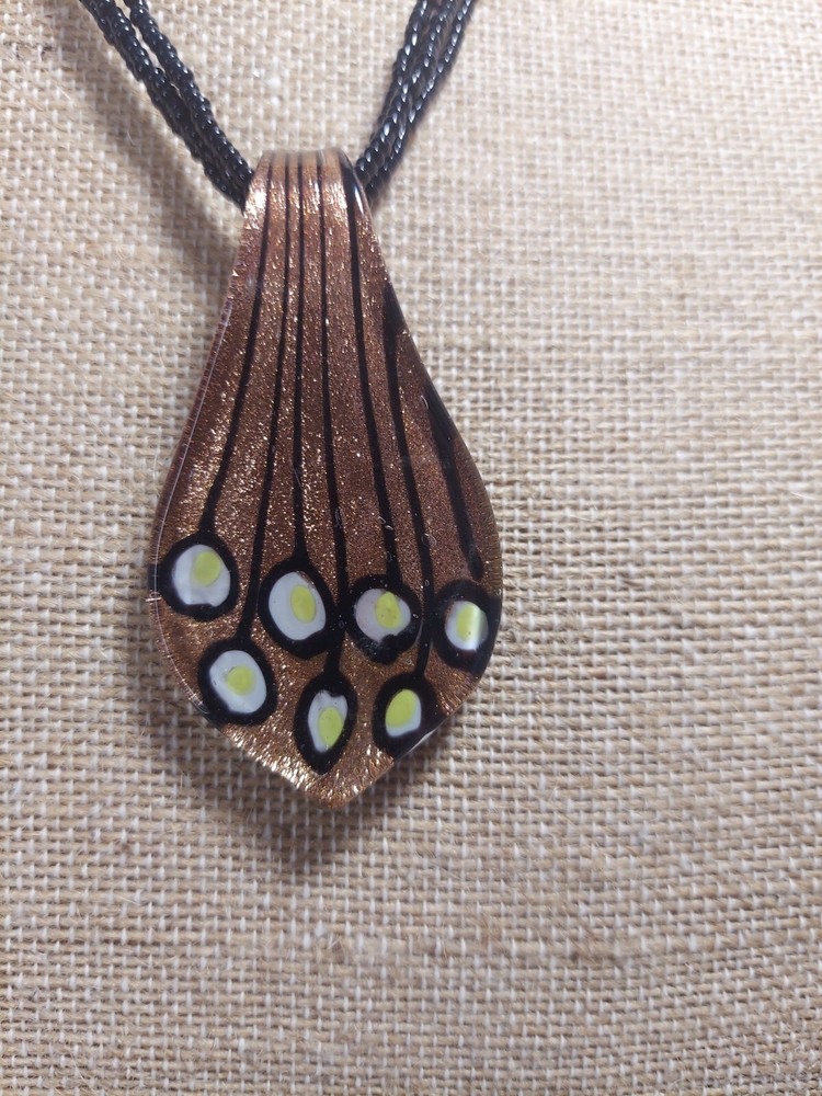 Art Glass Pendant Necklace Black & Copper Color Artisan Hand Blown
