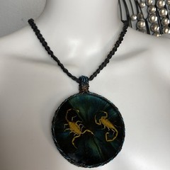 Necklace Cord Leather Big handmade Resin pendant featuring real scorpions
