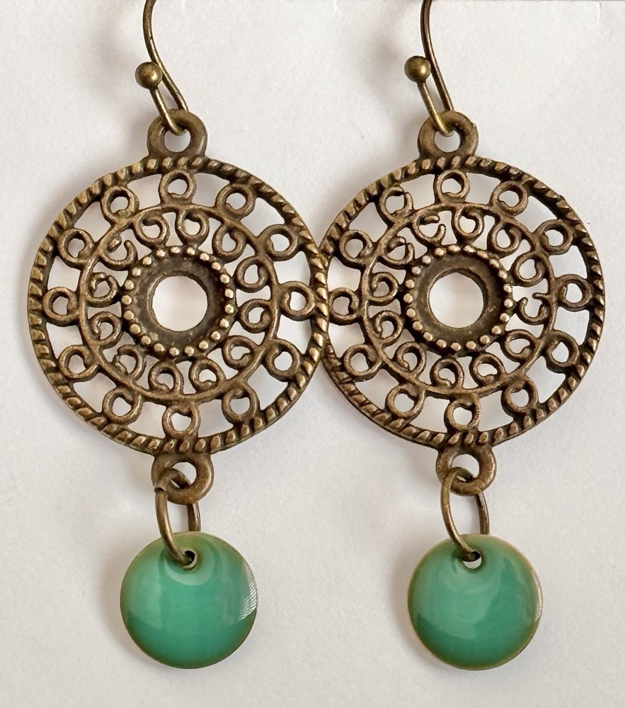 Etched Bronze Mandala with Turquoise Green Dangle Earrings.