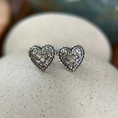 Sterling Silver Diamond-Cut Heart Stud Earrings
