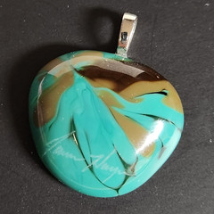 Fused Glass Pendant Artist Signed Bluish Green Brown Black Silver Tone Metal