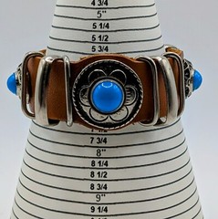 VTG Boho Festival Leather Bracelet Silver-tone Blue Faux Turquoise Snap Closure