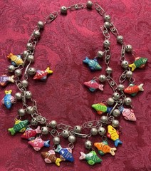 Guatemalan Double Strand Metal Bead And Hand Painted Fish Charms