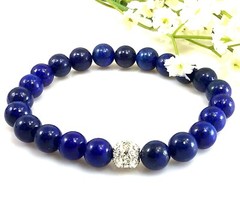 Blue Lapis round beaded bracelet with rhinestone pendant healing stretch stone