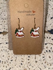 Christmas Cottage House Dangle Hook Earrings Gold Tone Enamel Holiday Charm