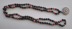 Mala 108 Beads, Flower Obsidian, Rhodonite & Onyx Hand knotted Mala Necklace