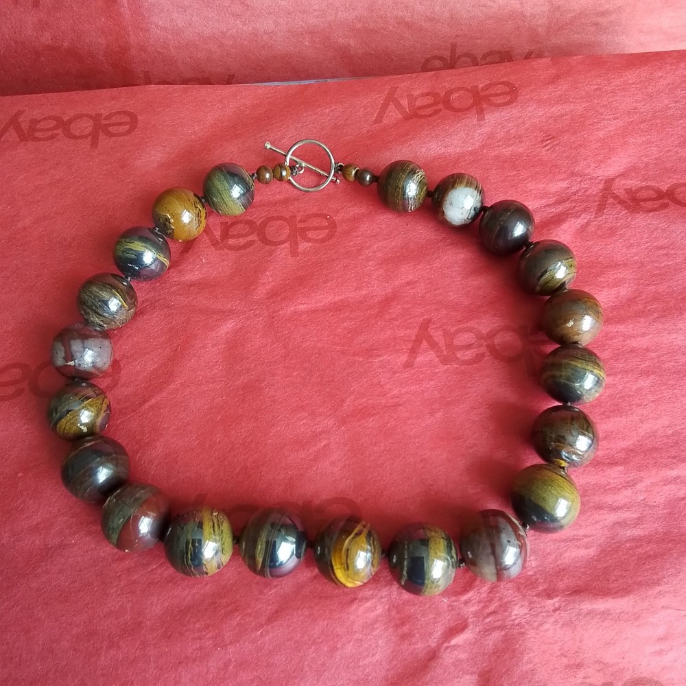 Tiger’s Ox’s Eye Beaded Necklace, Sterling Silver Toggle Clasp, 17″L, 20mm Beads