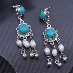 Vintage sterling silver 925 handmade earrings with turquoise and pearl beads
