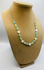 Ladies women beaded necklace blue yellow glass white shell handmade