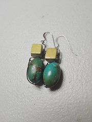 Cube Yellow Jasper and Oval Turquoise Earrings Silver Wire, Handmade