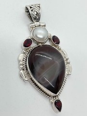 Brown Purple Agate Pendant with Biwa Pearl and Garnets in Silver