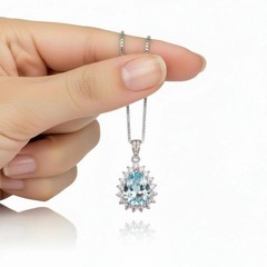 Large Teardrop Aquamarine Necklace – Sterling Silver 3 CT Blue Aquamarine