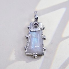 Brutalist Rainbow Moonstone Garnet Pendant, Freeform 925 Sterling Silver Charm