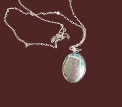 Artisan crafted,1” oval agate cab in stainless bezel, on 22” delicate silver pla
