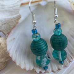 Boho style Teal Earrings Handcrafted Glass Wood Acrylic Sterling Silver