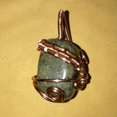 Handcrafted Wire Wrapped Copper Pendant Asymmetrical Green Jade Cabochon Stone