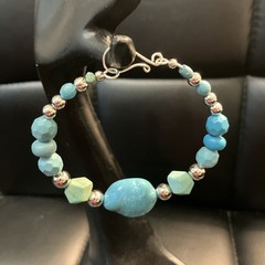 Faux Turquoise wire wrap Bangle Bracelet With Silver tone Beads. 18cm=7in