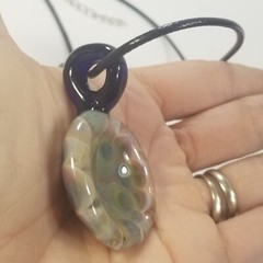 MURANO ART GLASS FLOWER PINK PURPLE RECTANGLE PENDANT NECKLACE SIGNED