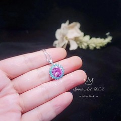 Round Pink Tourmaline Necklace – Aquamarine Halo Sunflower Style – 4 CT Pink