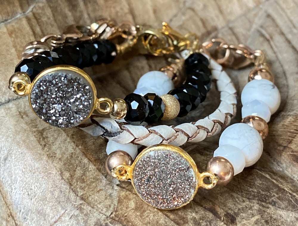 3 Baby Glass Beads Bracelets Geode Druzy Agate Crystal Pendant Zen Leather