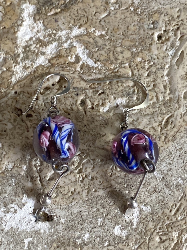 Purple & Pink Murano Glass Sterling Silver Dangle Drop Earrings #4034