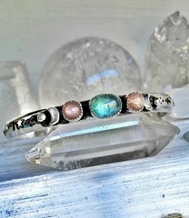 Star Native Paraiba Kyanite And Peach Moonstones Silver Cuff Handmade OOAK