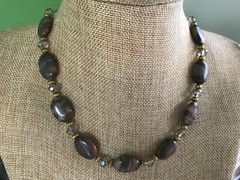 Handmade Necklace of Canyon Marble and Gray Crystal Beads with Gold Tone Spacers