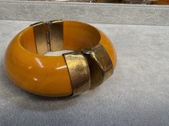 Gorgeous Rich Yellow Boho Made In India Wood & Brass Pin Hinged Wide Bracelet