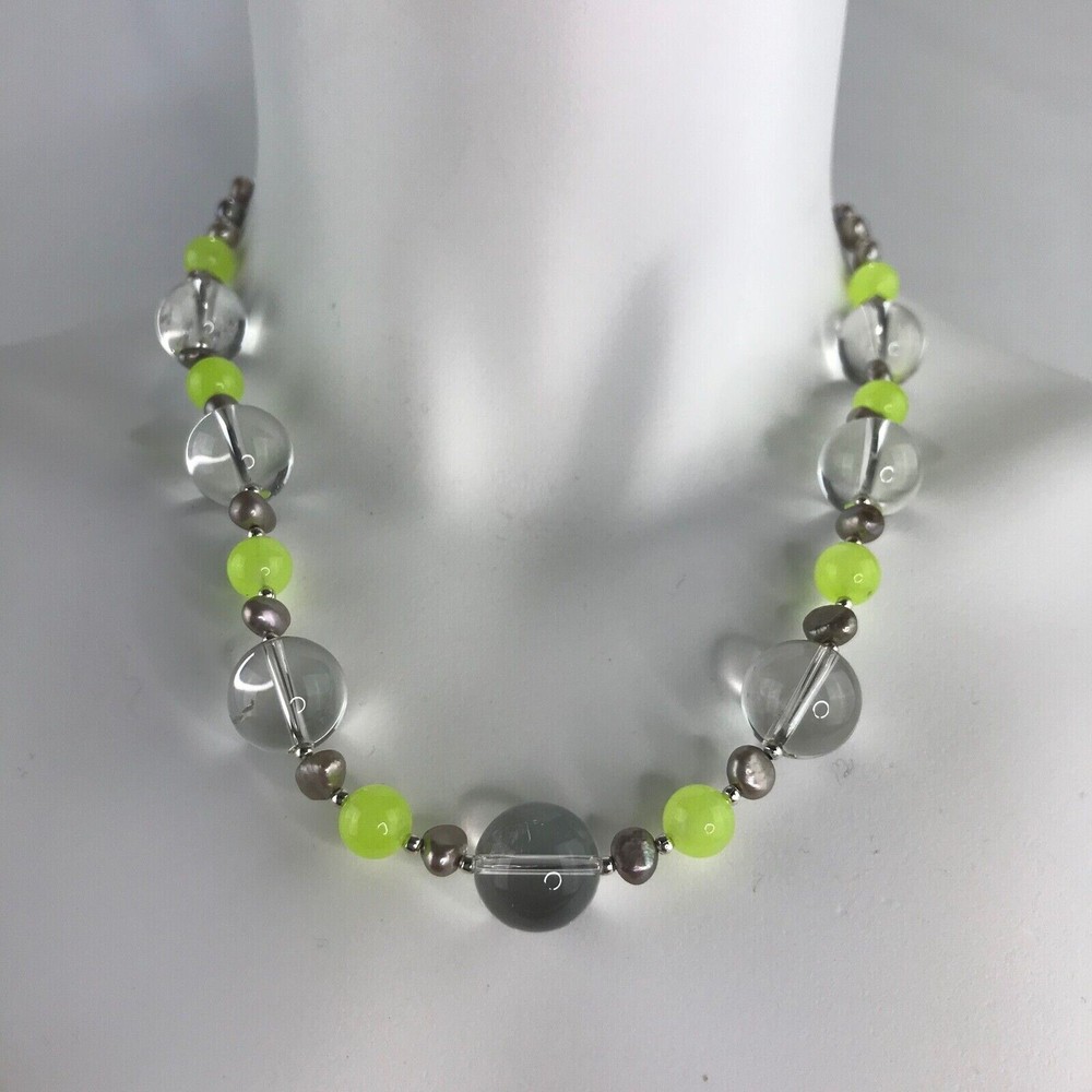 Handmade Necklace Clear Crystal, Neon Green Quartz Round Beads with Gray Pearls