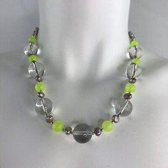Handmade Necklace Clear Crystal, Neon Green Quartz Round Beads with Gray Pearls