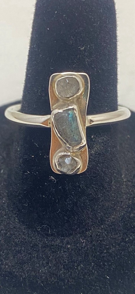 Sterling Silver .925 Ring Labradorite Ring Three Stone Ring size 7.25 Handmade