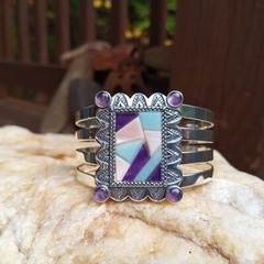 Carolyn Pollack Relios Sterling Silver 925 MOP Amethyst Charoite Cuff Bracelet