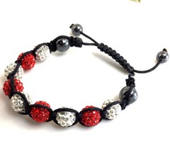 Women Gift Red & White Rhinestone Ball and Hematite Bead Macrame Bracelet 7-10″