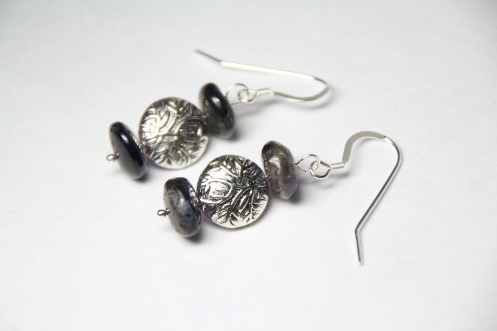 Iolite Dark Blue Roundel 10mm Gemstone Earrings .925 Sterling Silver 1 1/2″ Hook