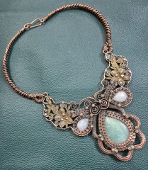 Natural Amazonite & Moonstone Wire Wrap Necklace Artisan Copper Jewelry For Her