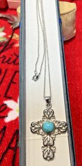 Vintage Sterling Silver 925 Cross Hearts, Fleur De Lis & 1 Turquoise Stone 2″T