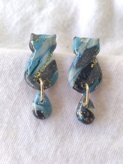 Handcrafted Polymer Clay Resin Gold Dangle Stud Earrings Blue Black White Cat
